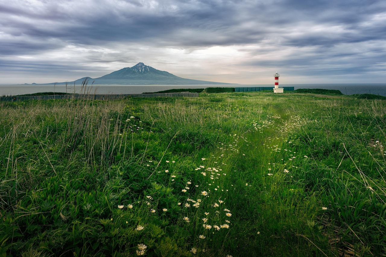 lighthouse, rishiri island, rishirifuji, rebun island, nature background, cloudy sky, hokkaido, japan, landscape, beautiful nature, hd wallpapers, hd wallpaper, nature wallpaper